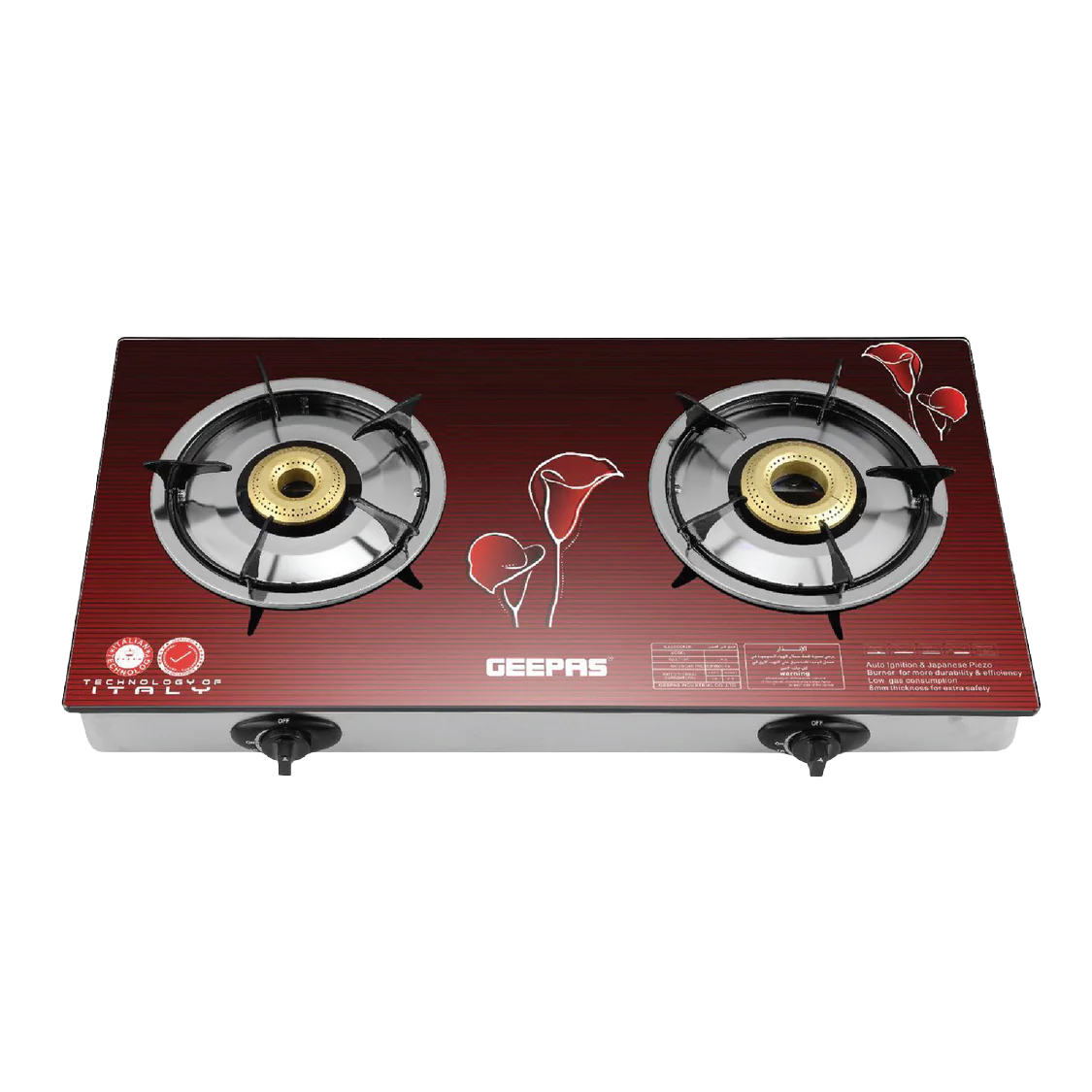 Geepas Glass Top Gas Cooker GK5602, 2 High-Efficiency Burners