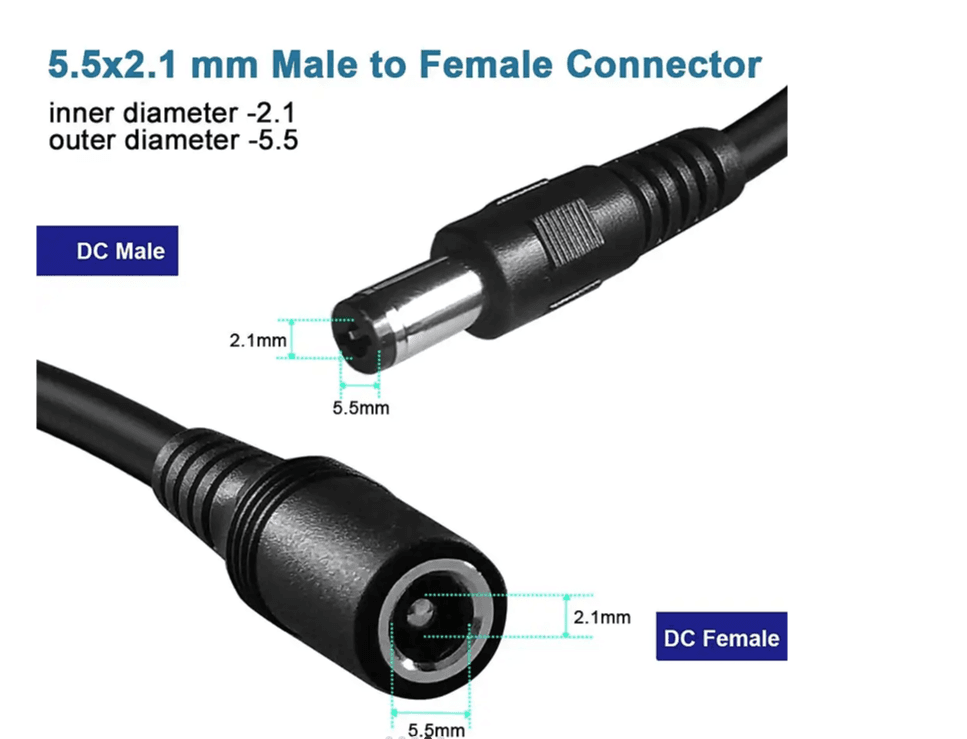 DC Power Jack Plug, 2 Core 12V DC 5.5x2.1mm DC AWG24 Extension Jack Power Cable